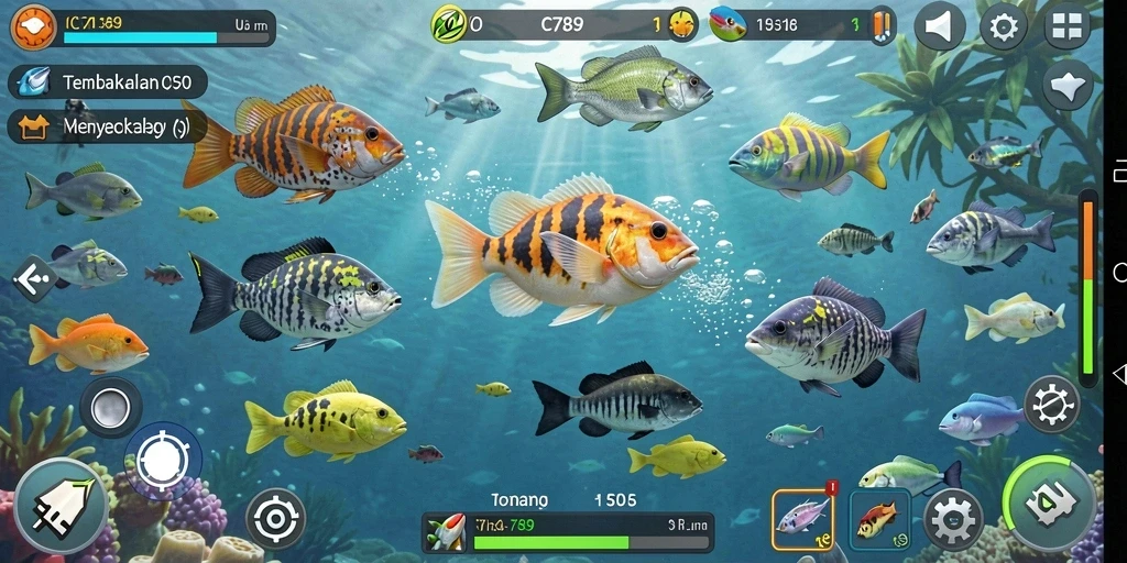 Tampilan gameplay Tembak Ikan yang menarik dan penuh warna.