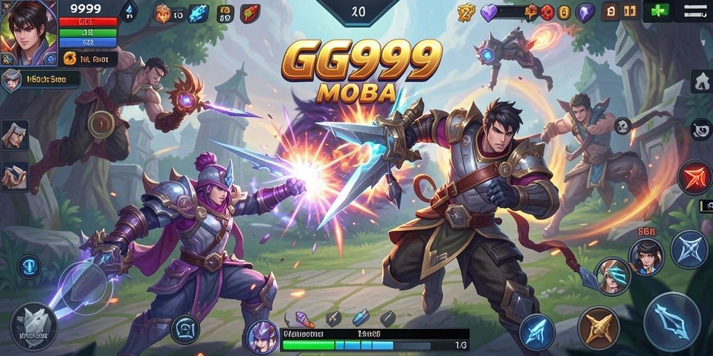 Screenshot gameplay GG999 menampilkan karakter bertarung dalam arena MOBA yang dinamis.