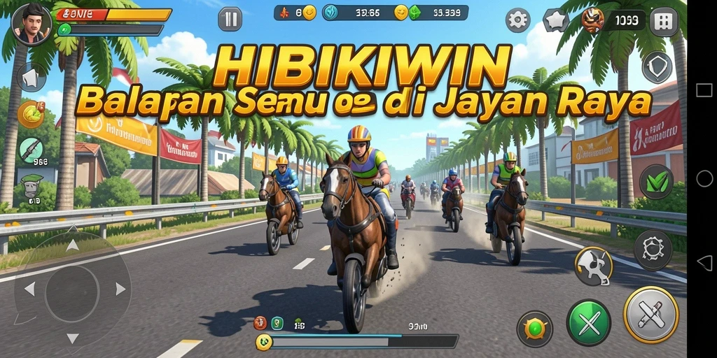 Screenshot gameplay HIBIKIWIN menampilkan balapan seru dengan kendaraan berkecepatan tinggi.