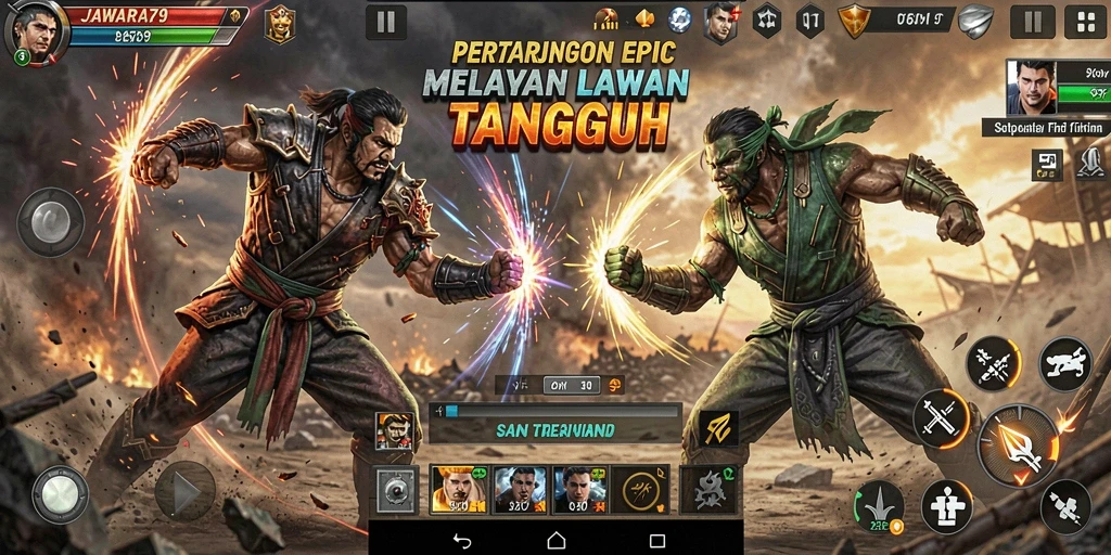 Tangkapan layar JAWARA79 menampilkan pertarungan seru antara dua karakter.