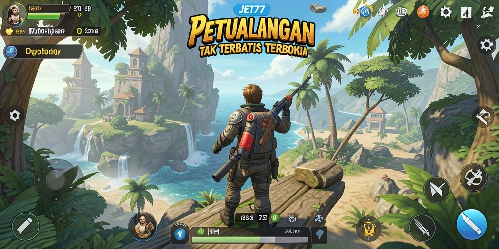 Tampilan gameplay JET77 yang menampilkan petualangan di dunia terbuka.