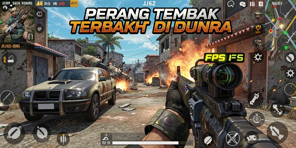 Tampilan gameplay intens dalam pertempuran FPS di JJ62.