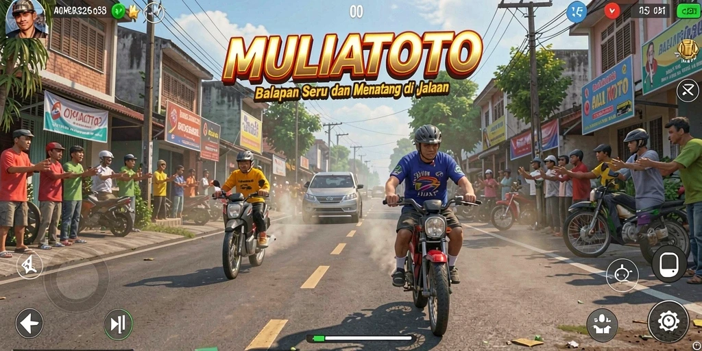 Screenshot gameplay <strong>MULIATOTO</strong> yang menunjukkan balapan yang mendebarkan.