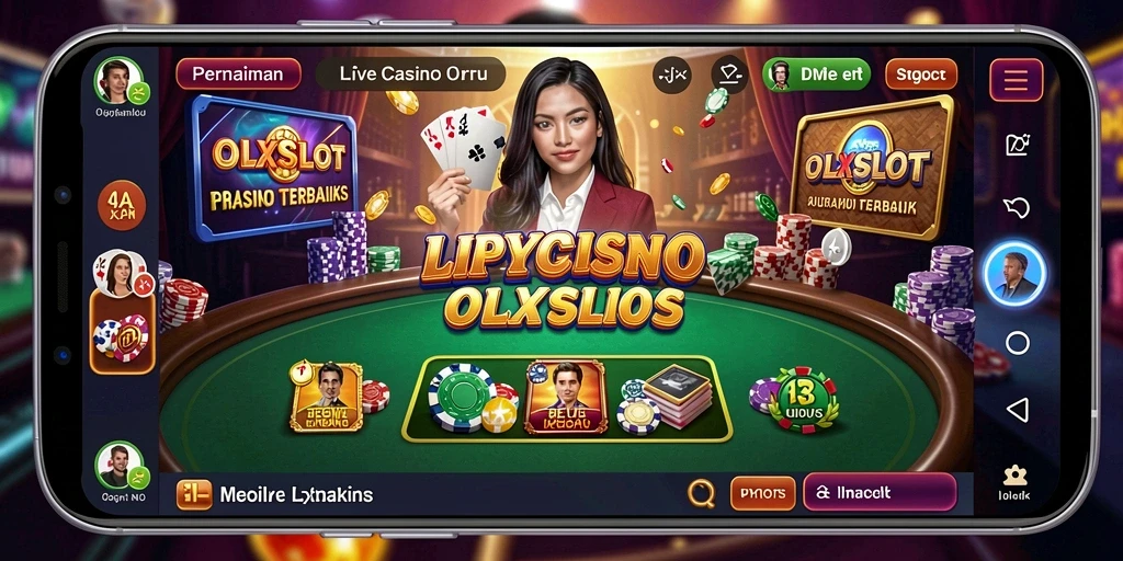 Screenshot gameplay OLXSLOT menunjukkan dealer nyata dan suasana casino yang menarik.