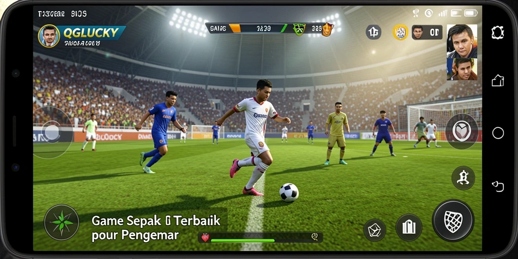 Screenshot utama QGLUCKY menampilkan aksi seru di lapangan sepak bola.
