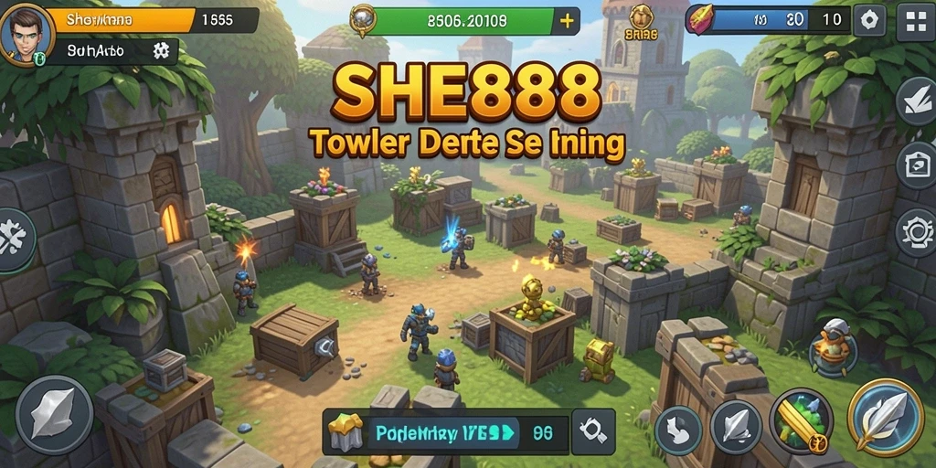Screenshot utama menunjukkan aksi pertempuran intens dalam Tower Defense.