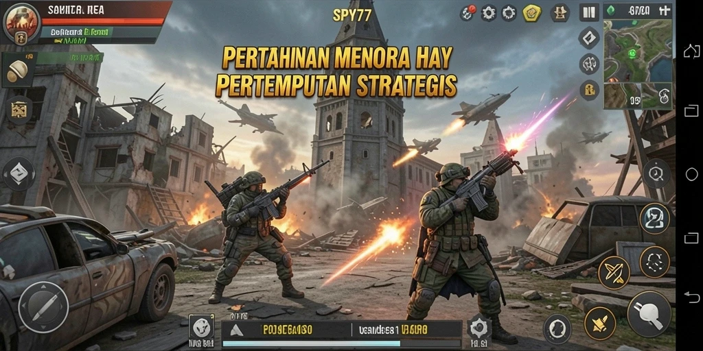 Gameplay SPY77 dengan menara dan musuh yang menegangkan.