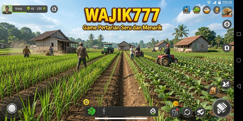 Tampilan gameplay <strong>WAJIK777</strong> dengan kebun yang subur dan hewan peliharaan yang lucu.
